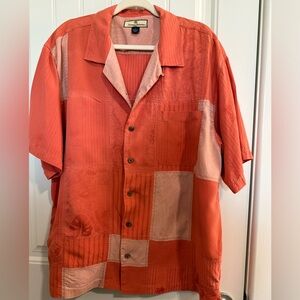 Tommy Bahama Shirt Mens Orange Tan Button Up Floral Silk Hawaiian Aloha Camp